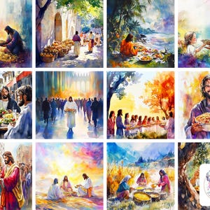 Aquarell Jesus Feeds 5000 Clipart PNG, transparente und ganzseitige Bibel-Wunderkunst, Brote & Fische, Anhänger und Menge für Sonntag