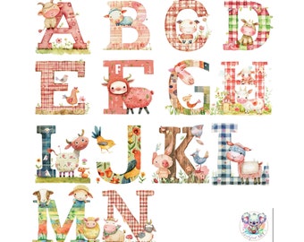May include: Watercolor alphabet letters A through N, each decorated with farm animals and floral elements. The letters feature plaid and patterned designs in shades of red, pink, and green, creating a whimsical and educational theme.