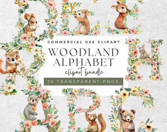 Watercolor Floral Woodland Alphabet Clipart: A-Z Animal PNGs