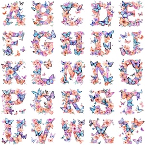 May include: A set of watercolour alphabet letters, each decorated with colourful butterflies and flowers. The letters are in shades of blue, pink, and purple, creating a vibrant design. The letters are set against a white background.