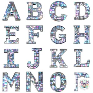 May include: A set of alphabet letters A through P, each letter is made of iridescent mosaic tiles with a silver border.