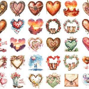 56 Howdy Valentine Aquarell Clipart | Rustikale Western Liebe zum Thema PNGs | Cowboyhüte, Kakteen & Herzen | Hochauflösende digitale Kunst