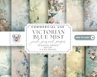 Victorian Blue Mist Junk Journal Kit: 14 Vintage Ephemera Pages (Digital Download)