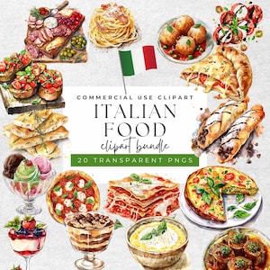 Pacchetto di clipart ad acquerello di cibo classico italiano - 20 PNG per disegni gourmet per progetti di scrapbooking per buongustai