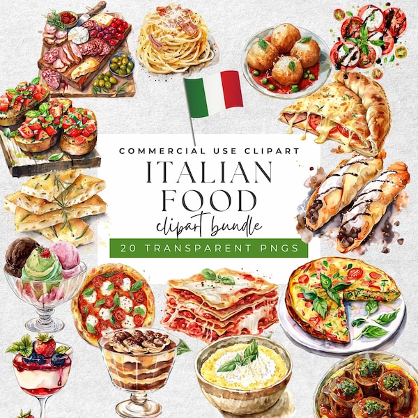 Classic Italian Food Watercolor Clipart Bundle - 20 PNGs for Gourmet Designs for Foodie Scrapbooking Projects