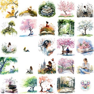 Akvarell vårläsning Clipart: Bokliknande blommor PNG (digital nedladdning)
