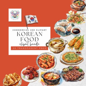 Korean Cuisine Watercolor Clipart - 20 High-Res PNGs for Food Design