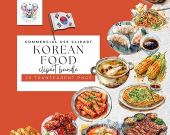 Korean Cuisine Watercolor Clipart - 20 High-Res PNGs for Food Design
