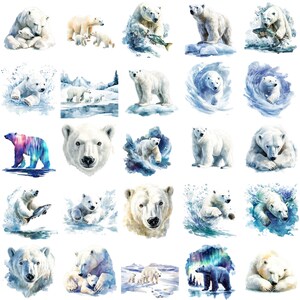 48 Majestic Polar Bear Clipart for Winter-Themed Designs – Adorable Arctic Wildlife with Cubs, Ice, Snow, and Aurora Borealis Backdrops