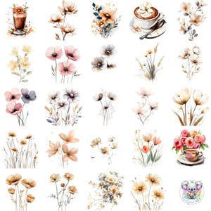 Aquarell Mokka Mousse Blumen Clipart PNG, Neutral Blumenkaffee Kunst, elegante transparente botanische Illustrationen für Handwerk & Design
