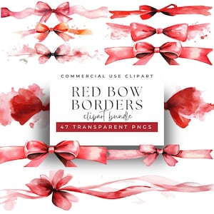 May include: A set of 47 red watercolor bow borders, perfect for adding a touch of elegance to your designs. The bows are in various sizes and styles, and they are all transparent PNG files.
