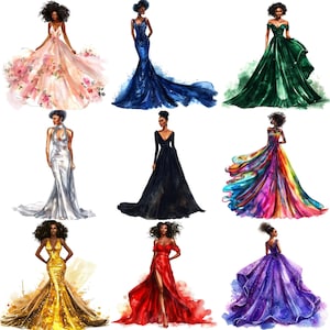 Elegante aquarel zwarte vrouw in lange jurk clipart-png's - 40 prachtige 300 dPI-illustraties voor uitnodigingen, scrapbooking en woondecoratie