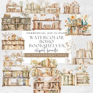 Rustic Boho Bookshelf Watercolor Clipart - 19 Transparent PNGs for Stationery designs and planner stickers