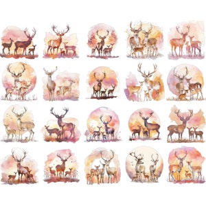 Prachtige aquarel herten clipart png-set: 20 hoge resolutie 300 dpi hertenfamilie illustraties voor ambachten, decor en uitnodigingen