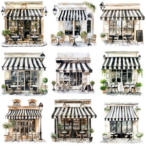 Chic Aquarell Schwarz Weiß Pariser Cafe Clipart PNG: Set von 24 hochwertigen 300 DPI Cafe Bilder für Scrapbooking und DIY Projekte