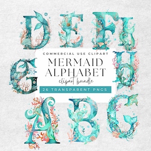 Imágenes prediseñadas del alfabeto de sirena: paquete de 26 letras encantadas - 300 DPI - PNG transparentes - ideal para manualidades, álbumes de recortes y decoración