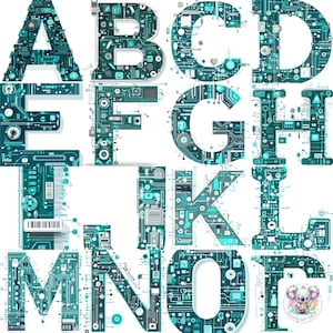 テクノロジーとコーディングのアルファベット クリップアート - 回路基板デザイン付き 26 個の A-Z 文字 - 学校のプロジェクトや STEM 装飾用の高解像度 PNG