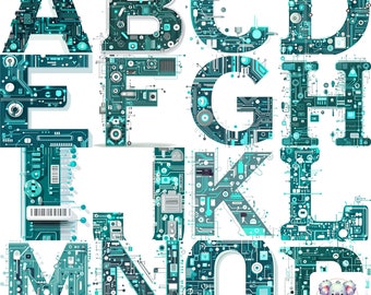 Clipart dell&#39;alfabeto di tecnologia e codifica - 26 lettere dalla A alla Z con design del circuito stampato - PNG ad alta risoluzione per progetti scolastici e decorazioni STEM
