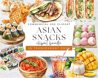 Watercolor Asian Snack Clipart: 26 PNG Food Illustrations (300 DPI)