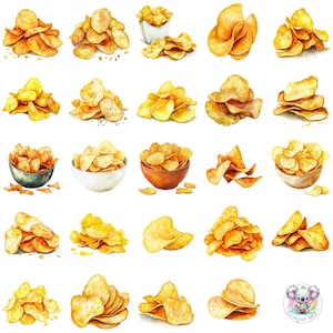 Papas fritas en acuarela (imagen PNG), arte transparente para aperitivos, papas fritas crujientes en tazones y apiladas para menús, fiestas, manualidades y decoración.