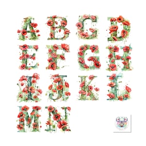 Conjunto de imágenes prediseñadas del alfabeto de amapolas en acuarela: 26 letras florales de la A a la Z: PNG de alta resolución para invitaciones y proyectos artísticos