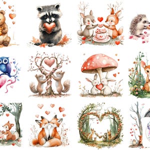 Clipart PNG di San Valentino nel bosco, animali della foresta ad acquerello, volpi romantiche, gufi, cervi e alberi, illustrazioni di cuori d'amore per l'artigianato