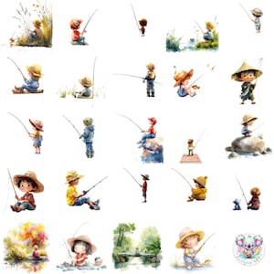 Clipart de Pequeno Pescador em Aquarela PNG, Arte de Aventura de Pesca Infantil Fofa, Leitura Fantástica e Cenas ao Ar Livre para Artesanato e Designs
