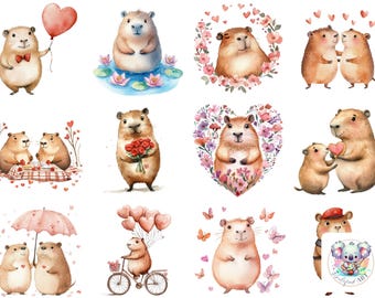 Capybara Valentine Clipart: Romantic Watercolor Designs (Digital Download)