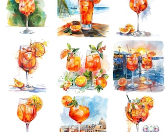 Watercolor Aperol Spritz Clipart: 40 Refreshing Cocktail PNGs (300 DPI)