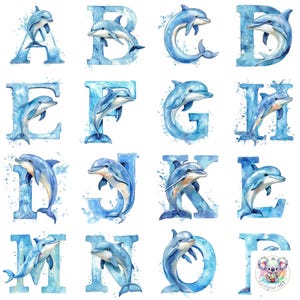 26 Delphin Alphabet Buchstaben Clipart | Ozean-Themen Aquarell PNGs | Hochauflösende digitale Kunst für Handwerk & maritime Designs