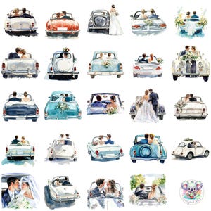 Casal de noivos em aquarela no carro clipart PNG, arte transparente de carro de fuga de noivos para convites, cartões, scrapbook e decoração
