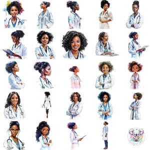 Watercolor Black Female Doctor Clipart: Medical Professionals PNG (Digital Download)