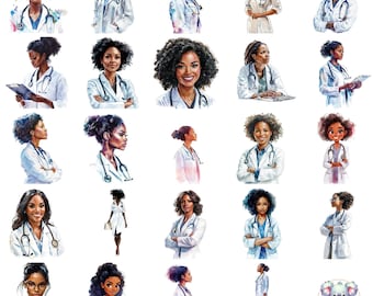 Watercolor Black Female Doctor Clipart: Medical Professionals PNG (Digital Download)