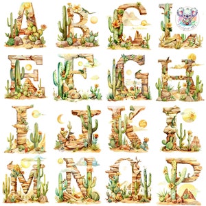 Desert-Themed Watercolor Alphabet Clipart PNGs - 26 High-Resolution 300 DPI Letters for Crafting and Decor