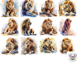Watercolor Lion Clipart: 24 PNG Illustrations for Safari Decor (Digital Download)