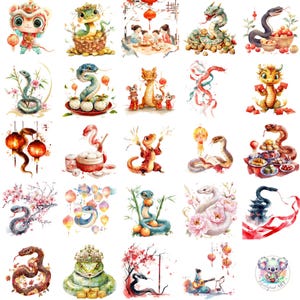 96 cliparts du Nouvel An chinois avec des symboles festifs, des illustrations de serpents et des éléments de célébration traditionnels