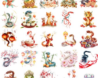 Chinese New Year Clipart: Festive Snake Illustrations (Digital Download)