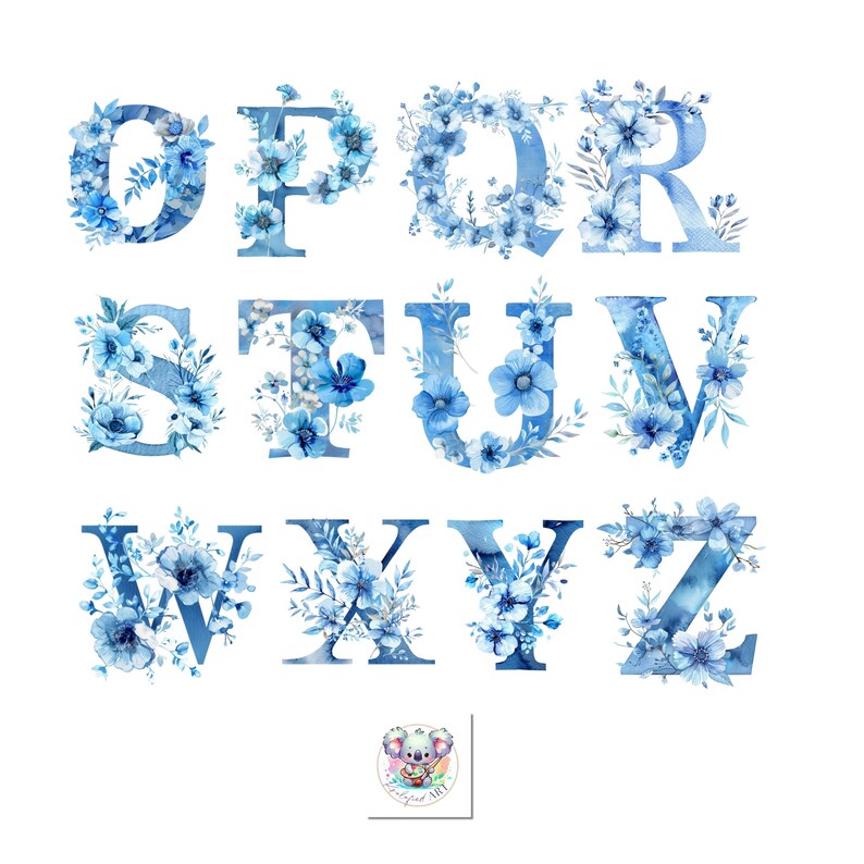 May include: Blue watercolor alphabet letters O through Z with blue flowers and leaves.