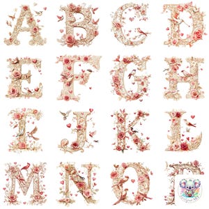 Clipart de alfabeto romântico de dia dos namorados | 26 letras de amor florais elegantes de A a Z | Rosas e pássaros vintage PNG | Gráficos de dia dos namorados de casamento