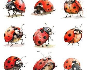Clipart aquarelle de coccinelles : collection PNG fantaisiste (300 ppp)