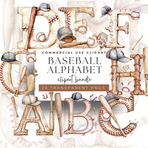 Pitch Perfect Alphabet - Clipart de béisbol en acuarela - 26 PNG de letras detalladas, alta resolución para fanáticos