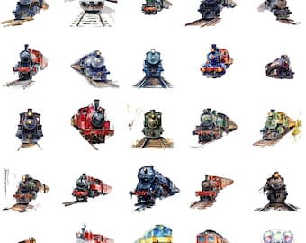 水彩画の列車のクリップアート：ヴィンテージとモダンの機関車アート（PNG）