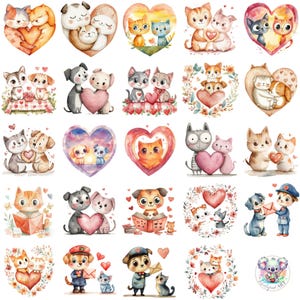 Paquete de imágenes prediseñadas de perros y gatos de San Valentín: 48 ilustraciones PNG en acuarela: lindas mascotas, corazones, cartas de amor: descarga digital