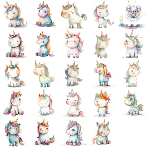 Watercolor Kawaii Unicorn Clipart: High-Resolution PNGs (Digital Download)