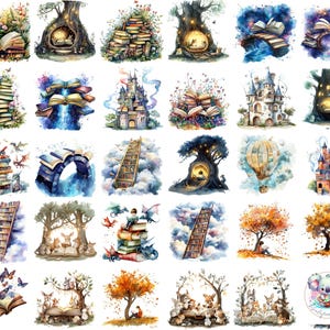 Aquarelle lecture aventure Clipart PNG, scènes livresques transparentes, arbres fantaisistes, châteaux, montgolfières et plus pour créations manuelles