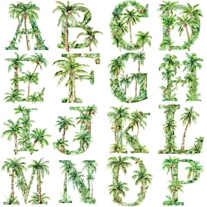 Acuarela Palmeras Letra Alfabeto Cliparts PNGs Set - 26 Letras de inspiración tropical de 300 DPI de alta calidad para manualidades y decoración personalizadas