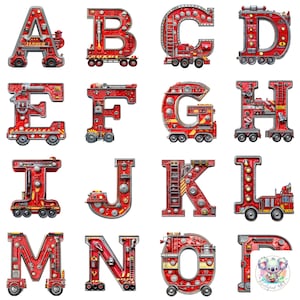 Conjunto de 26 clipart de alfabeto de caminhão de bombeiros – letras temáticas de caminhão de bombeiros vermelho para decoração de festa infantil, projetos educacionais e designs DIY