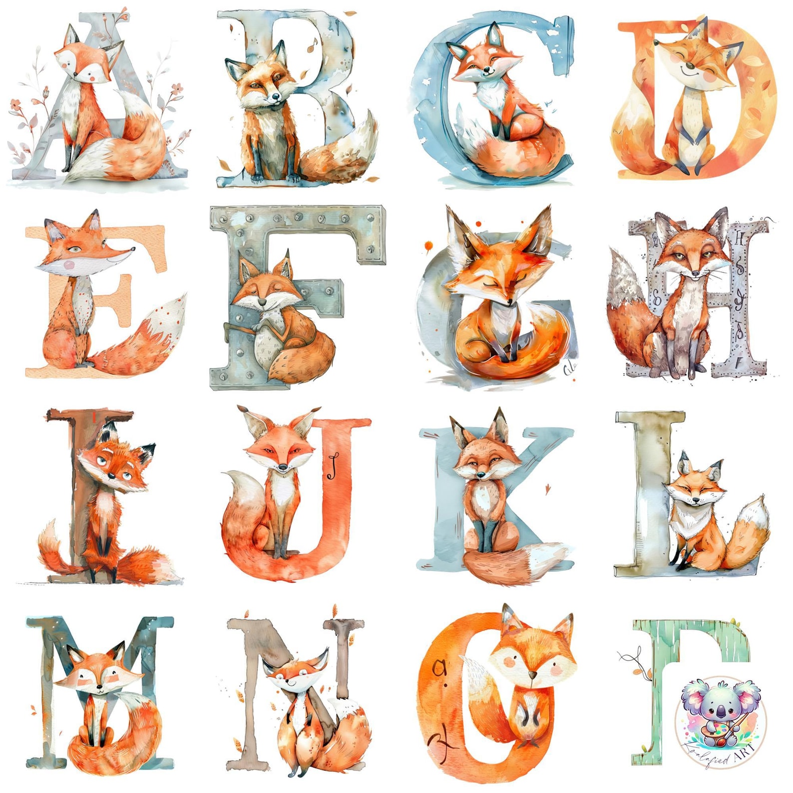 Watercolor Fox Alphabet Clipart: 26 Woodland Letter Pngs (300 DPI) - Etsy