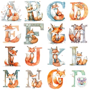 Foxy Letters : aquarelle complète de l'alphabet renard, lettres de l'alphabet, cliparts au format PNG, 26 designs 300 ppp uniques pour des projets enchanteurs sur le thème de la forêt
