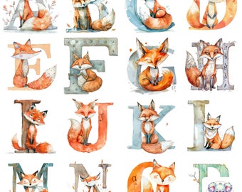 Watercolor Fox Alphabet Clipart: 26 Woodland Letter PNGs (300 DPI)